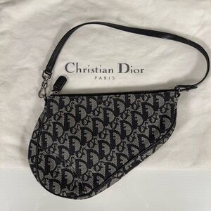 VTG Christian Dior Mini Diorissimo Saddle Pochette Handbag Black Canvas Dust Bag